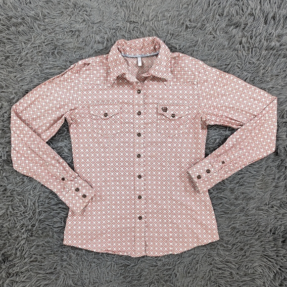 Cinch Tops - Cinch Shirt Women's Small Ivory Pink Brown Pearl Snap Button Up